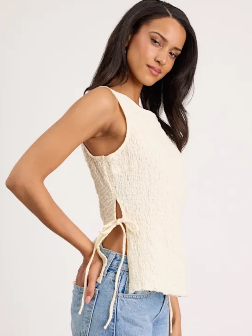 Lulu's Bizzy Cream Textured Side-Tie Tank Top